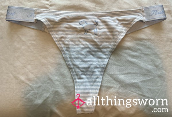 Blue And White Striped Thong With Dog On The Front 🩵🤍🩶