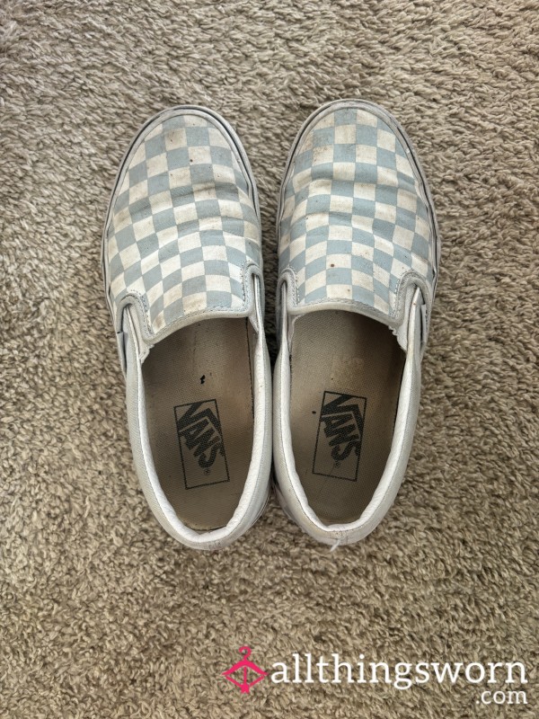 Blue Checker Vans VERY WORN, Slip On