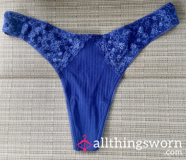 Blue Cotton Pointelle Thong With Flor*l Lace Trim