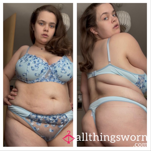 Blue Embroidered Flor*l Bra And Thong Set With Mesh Detail 🪻