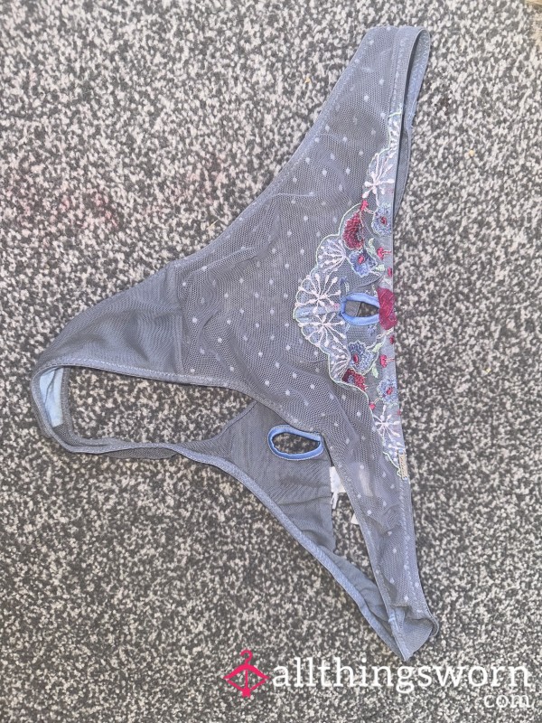 Blue Embroidered Thong