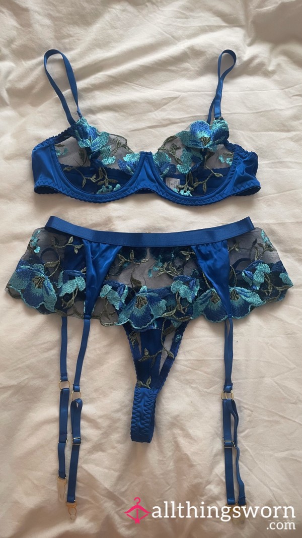 Blue Flor*l Design 3 Piece Lingerie Set