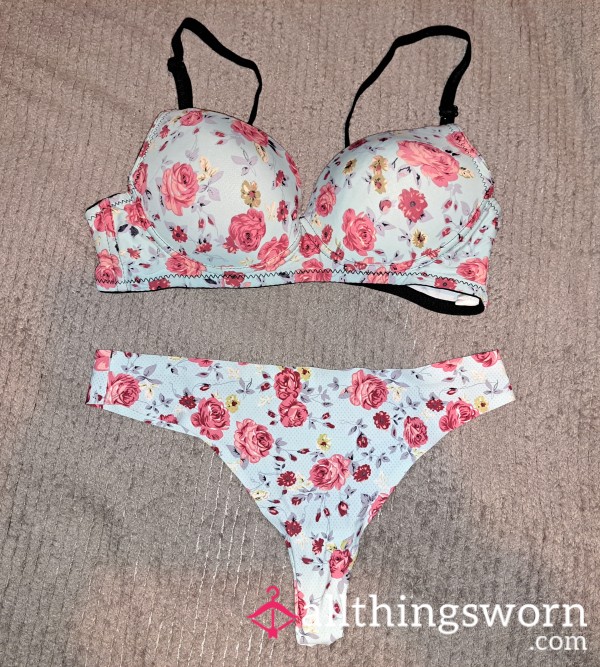 Blue Flor*l Seamless Bra And Thong - 34A & S Set