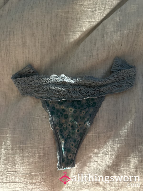 Blue Flowered Fabric And Lace Thong