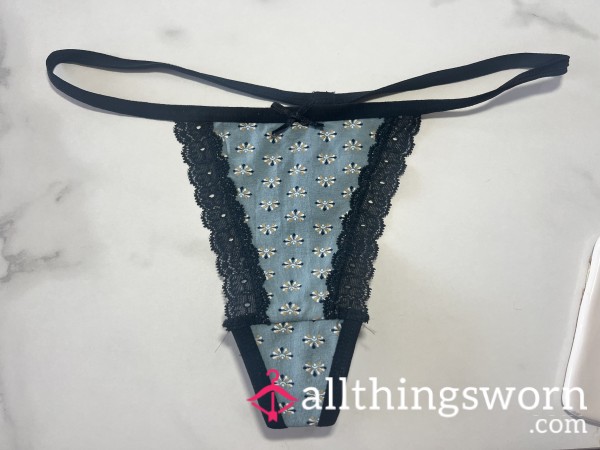 Blue G-String With Black Lace
