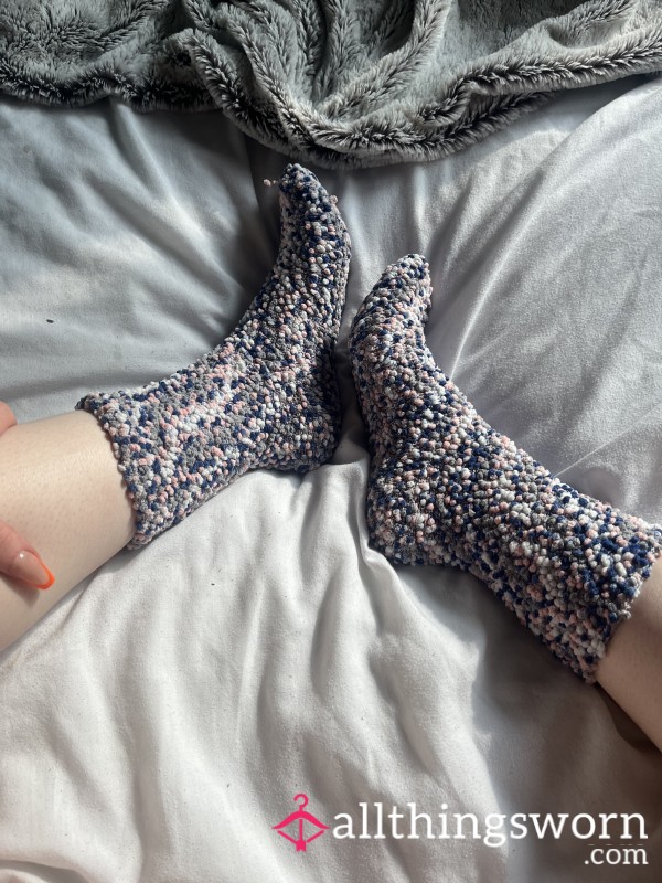 Blue Grey Pink Cream Nobbly Fluffy Slipper Socks