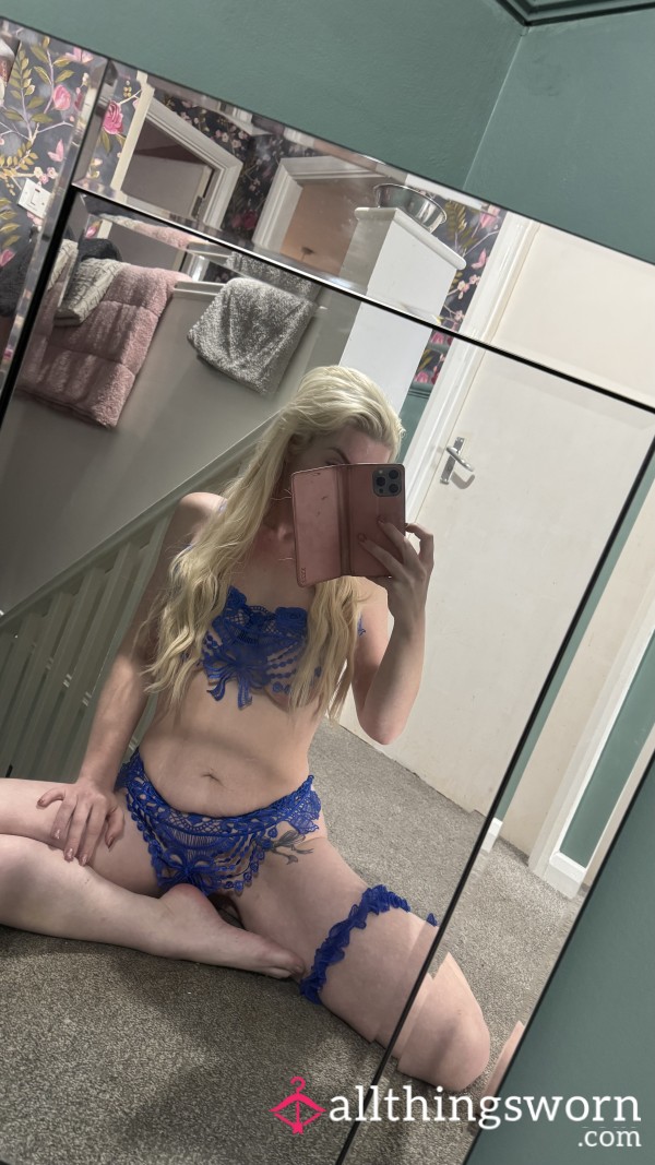Blue Lace Effect Open Bra, Thong And Garter Set 👅👅👅