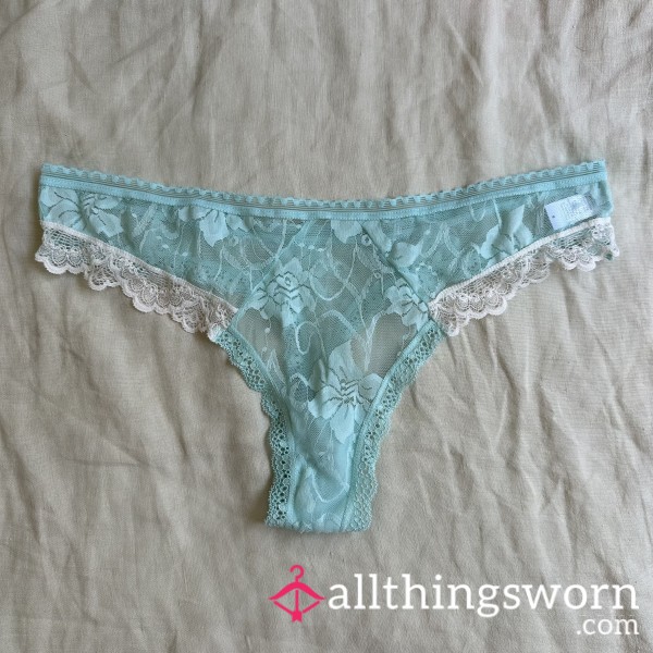 Blue Lace Thong Ready To Be Creamed In
