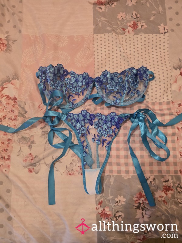 Blue Lacey Thong And Bra Set