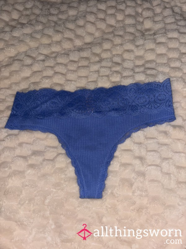 Blue Ribbed Lace Thong
