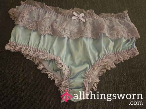 Blue Satin Like Panties With Purple Lace Extra Large