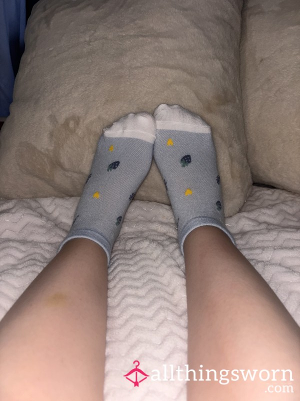 Blue Sock With Leaves, Hearts And Strawberries