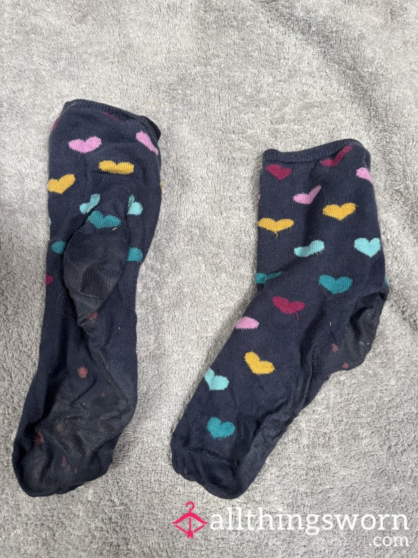 Blue Socks With Hearts Cute But Smelly Worn For 24 Hours Under Boots Size 5