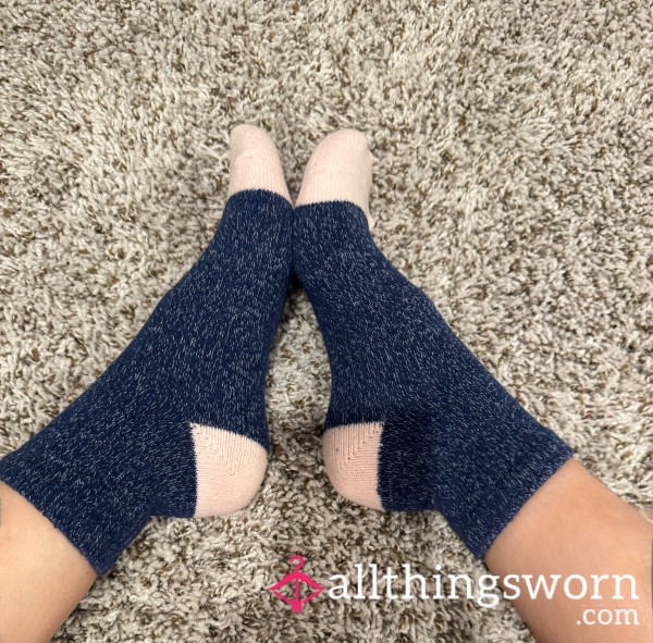 Blue Socks With Pink Heel And Toe Worn To Your Liking Size Small