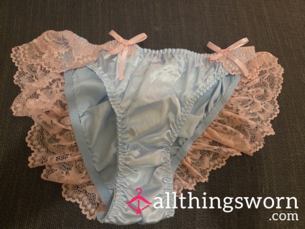 Blue Stretchy Satin Like Panties With Pink Lace Size Extra Large