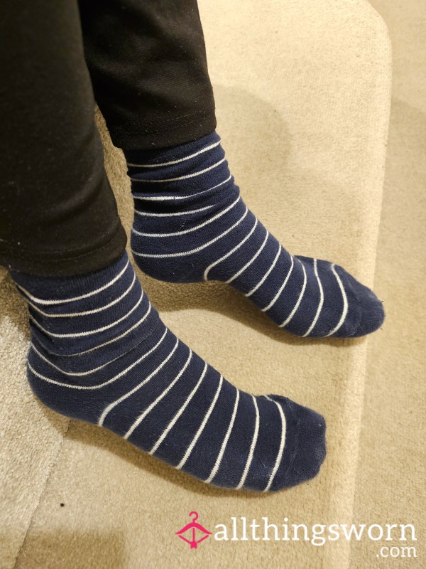 Blue Stripey Socks Worn For 3 Days, Lots Of Sweaty Walking.