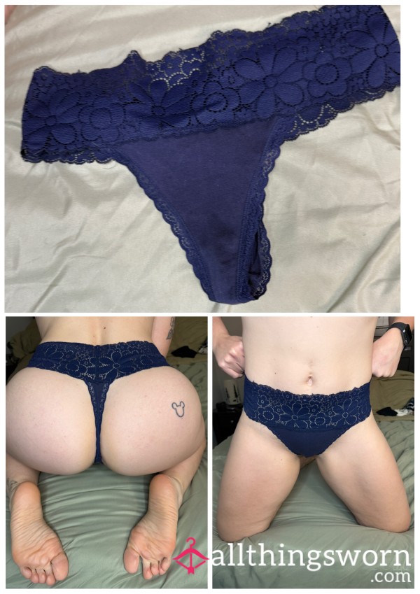 Blue Thong W/ Flor*l Lace