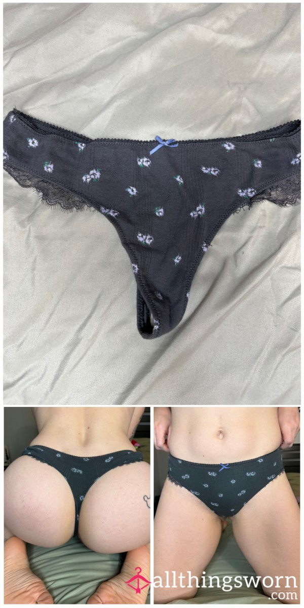 Blue Thong W/ Flowers, Bow And Lace Trim