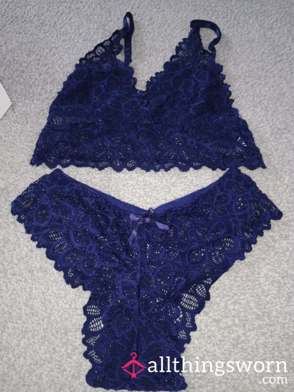 Blue Two Piece Lace Bra And Panties