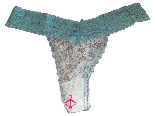 Blue & White Lace Thong W/ Cotton Gusset