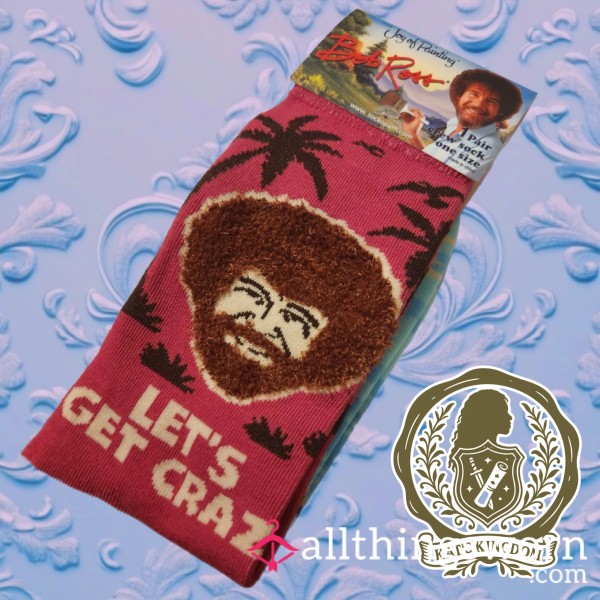 Bob Ross "Let's Get Crazy" Pink Fuzzy Spot Crew Socks