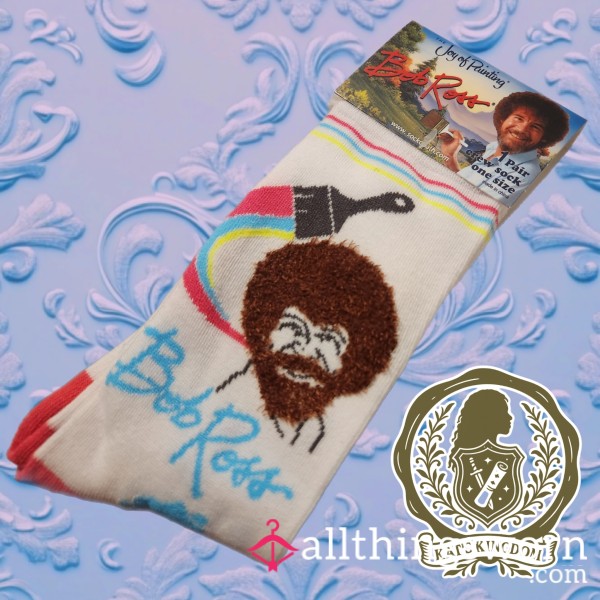 Bob Ross White Crew Socks With Fuzzy Patch
