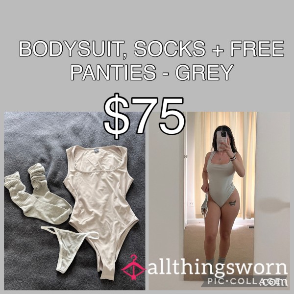 BODYSUIT, SOCKS, FREE PANTIES - GREY