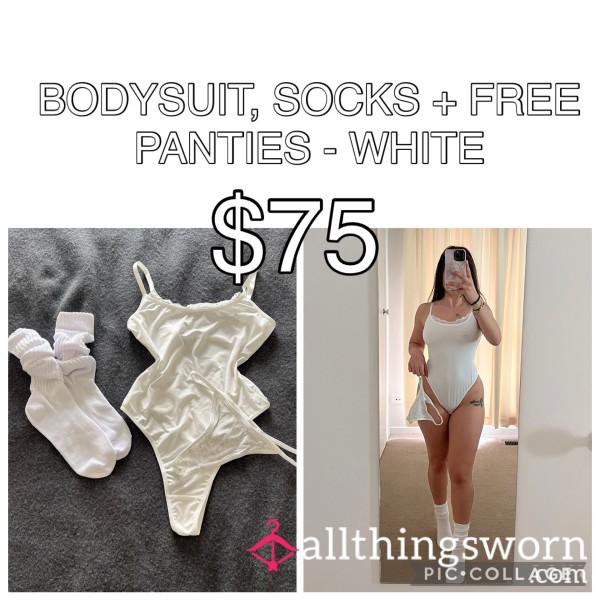 BODYSUIT, SOCKS, FREE PANTIES - WHITE