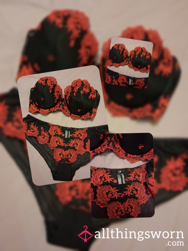 🖤 Bold & Seductive Black & Red Set ❤️ Bra & Panties Seductive & Beautifully Worn