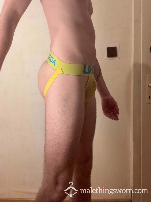 🩲 Bold Yellow & Green UNIGA Jockstrap – Cheeky, Sweaty & Ultra-Masculine 🔥