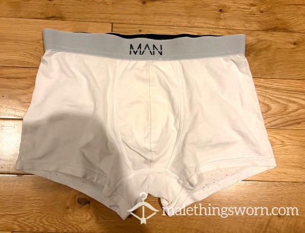 BooHoo Man Cla**ic White Boxer Trunks (M)-  Ready To Be Customised For You