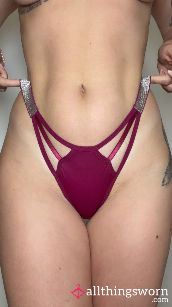 Bordeaux Temptation .. See How The Rich, Deep Bordeaux Fabric Catches The Light, Contrasting Against The Metallic Glimmer Of These Thin, Shiny Silver Strings? They Wrap Around My Hips Like A 