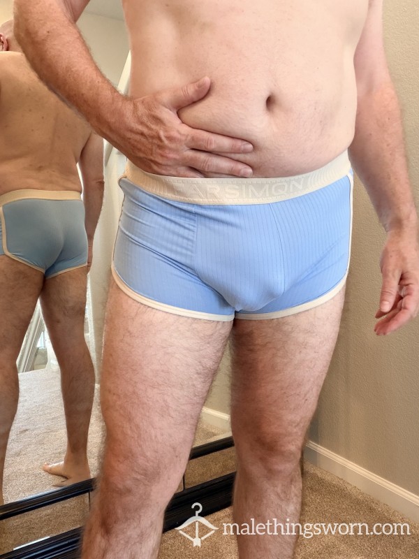 XL Trunks - Blue, Ribbed, Polyester/Spandex Blend, Well-worn