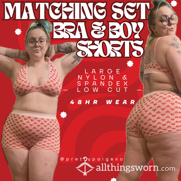 Bra & Boy Shorts Set 💋 Large Nylon & Spandex, Low Cut Top ❤️ Pink With Red Hearts— 48hr Wear