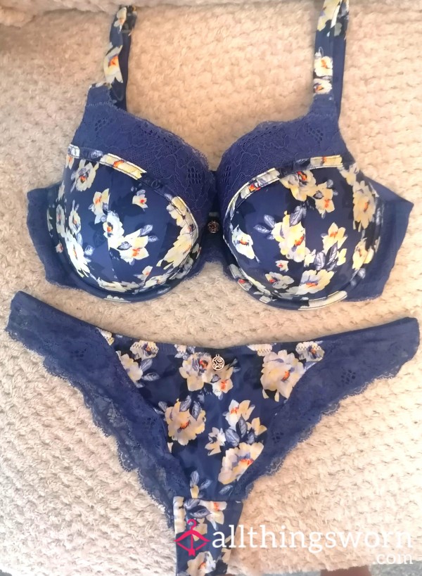 Worn Navy Silk & Lace Lingerie Set