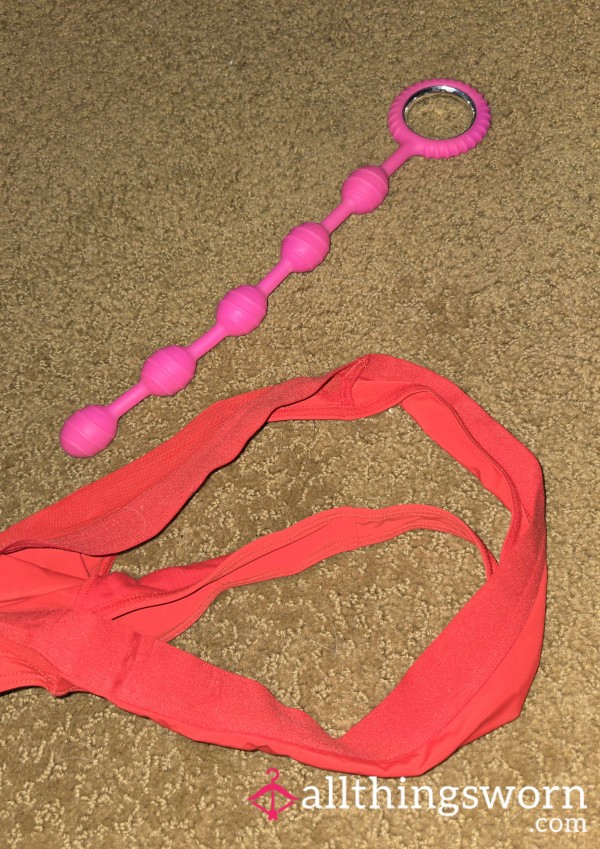 Brand New RED THONG Worn For Hours With A**l Beads IN!