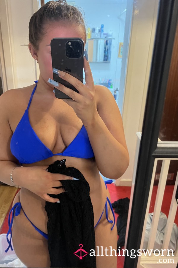 Bright, Cobalt Dark Blue Bikini Set (triangle Halterneck Top & Tie Bottoms)