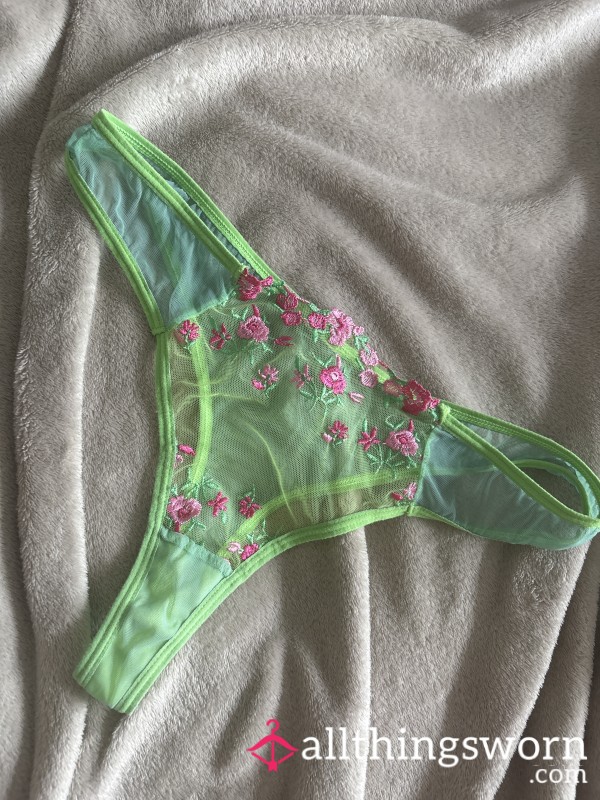 Bright Green Colourful Pink Rose Mesh See Through Thong Panties Knickers Well Used Worn Uk Women Size 12