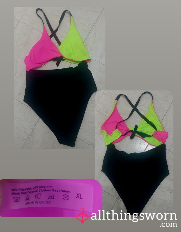 Bright Pink And Lime XL Swimsuit, One Piece With Exposed Midriff. High Waisted Bottom Piece.