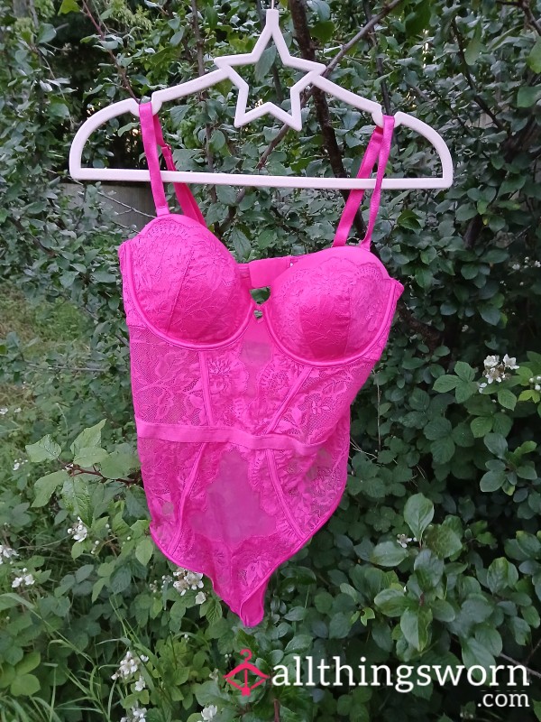 Worn Bright Pink Lace Body Thong Size 10-12