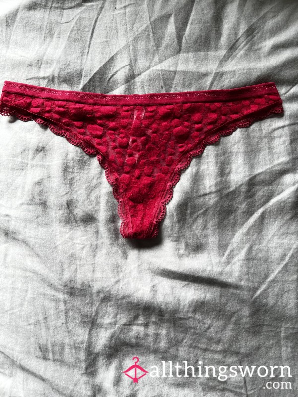 Freshly Worn Bright Red Heart Pattern Lace Victoria’s Secret Thong - Size Small