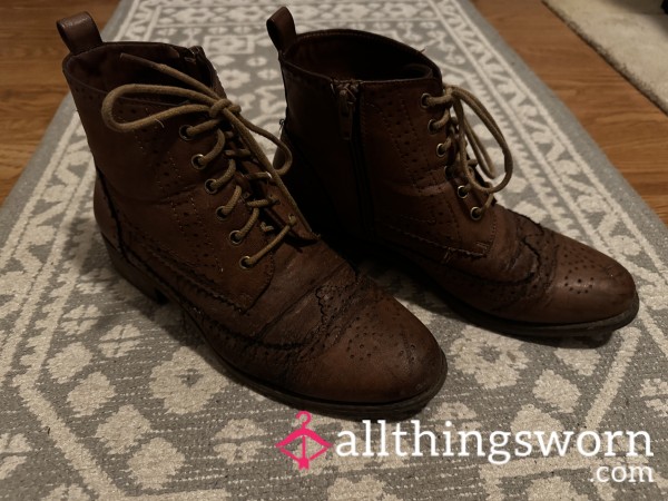 “Brown Ankle Boots – Heavy Daily Work Wear + Paint Splatter”
