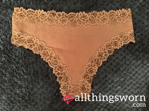 Brown Cotton Ribbed Panties Lace Trim
