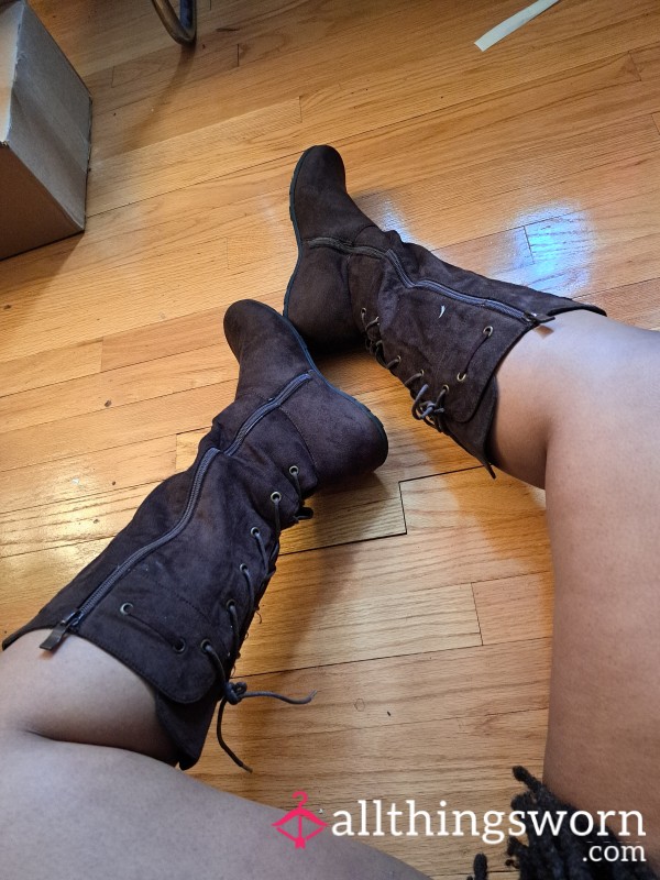 Brown Faux Suede Back Lacing Boots Sz9