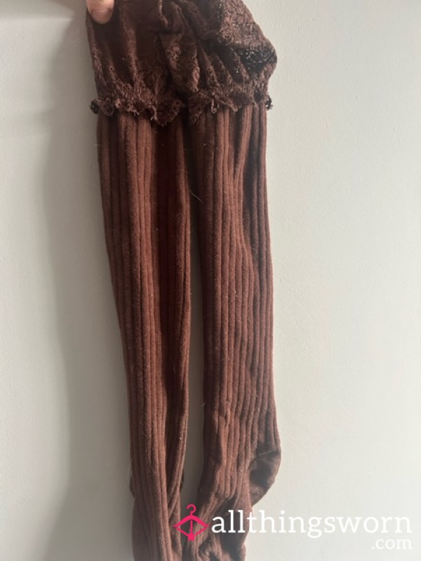 Brown Lace Detail Stockings Size 7