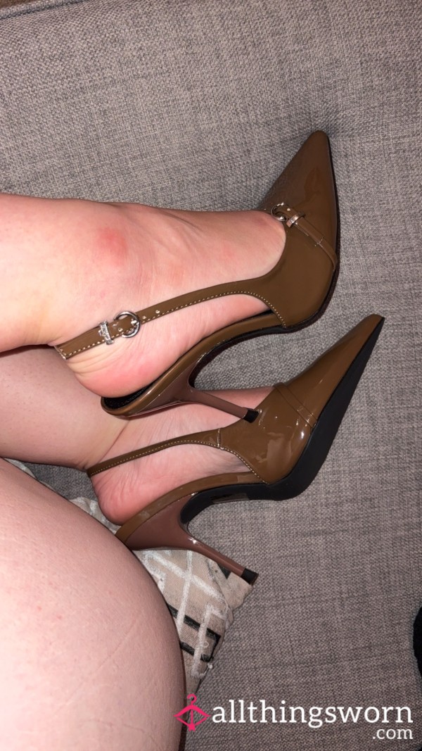 Brown Patent Leather High Heels Silver Buckle Detail 🫦😈🔥😍