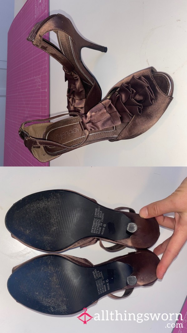 Brown Satin Open Toe Heels With Cute Ruffles - Well Worn & Scuffed