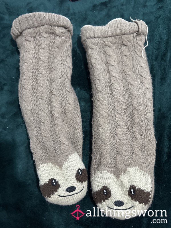 Brown Sloth Fluffy Slipper Socks Well-Worn & Loved