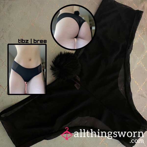 Bunny Tail Panties - Black With Mesh Side Detailing ♡ Free Tracked Shipping Included To USA & Canada