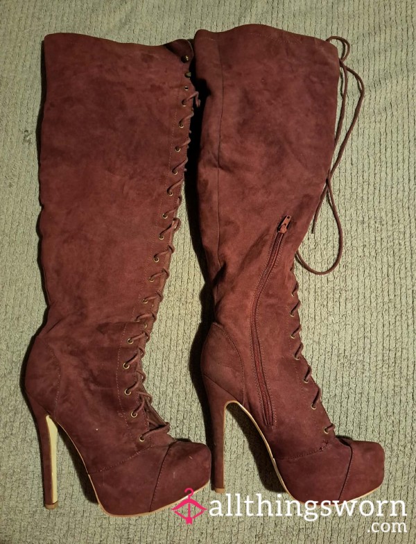 Burgundy Velvet Thigh High Stiletto Boots